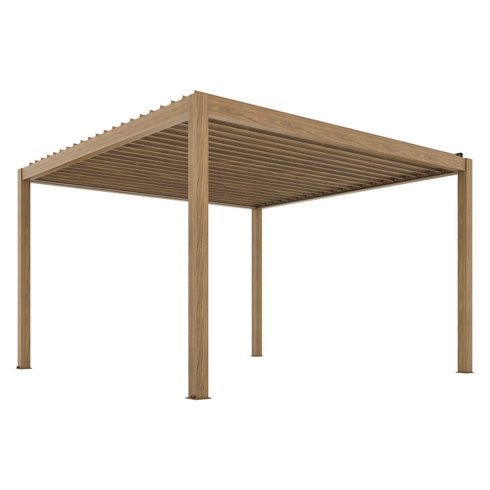 PERGOLA OGRODOWA ELEKTRYCZNA LUXE 4X4M ALUMINIOWA Z OŚWIETLENIEM LED W KOLORZE DREWNA
